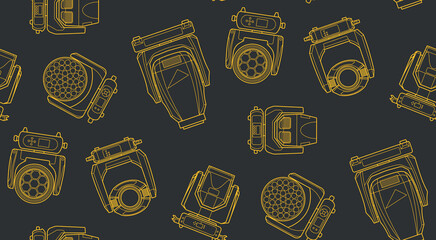 Seamless dark grey pattern with yellow outlines of moving head stage lights. Vector blueprint style for event design, lighting backgrounds, and industrial creative projects.