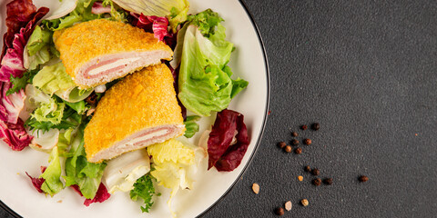 Cordon bleu cutlet meat dish French cuisine vegetable dish natural product tasty snack fresh delicious gourmet food background on the table rustic top view copy space
