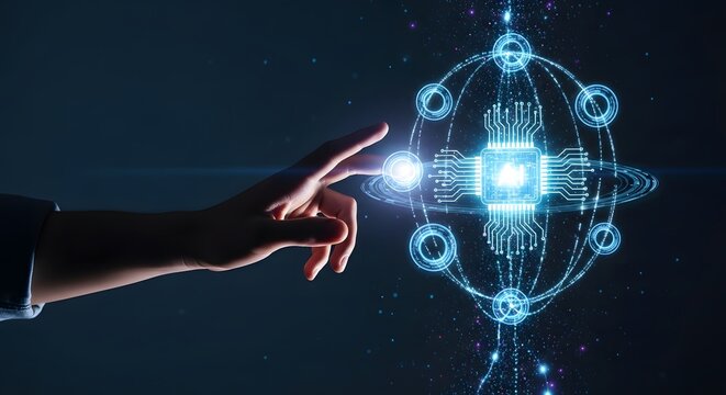 Hand interacting with glowing digital circuit board and connected network interface design element - Powered by Adobe