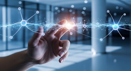 Hand interacting with glowing network of connected nodes in a futuristic environment design concept