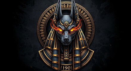 Anubis, the ancient Egyptian god of the afterlife, with glowing eyes.