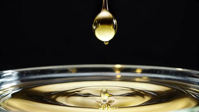 Dynamic Splash of Golden Viscous Oil Dripping from Spoon Food Ingredient and Healthy Cooking