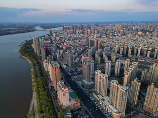 Harbin, CHINA-MAY 05, 2025-Aerial cityscape of Harbin's downtown, is the capital of Heilongjiang, China. It is the largest city of Heilongjiang