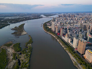 Harbin, CHINA-MAY 05, 2025-Aerial cityscape of Harbin's downtown, is the capital of Heilongjiang, China. It is the largest city of Heilongjiang