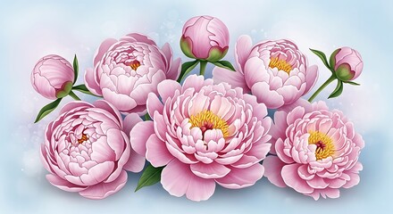 A bouquet of pink peonies with soft blue background.