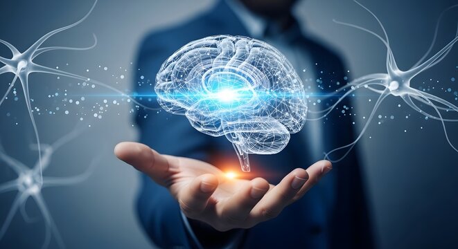 Man holding a digital brain with glowing light and neuron connections in a futuristic design