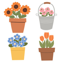 Set of Flower Pots in Hand-Drawn Flat Style for Home Decor Illustration