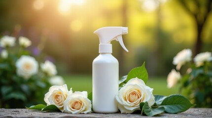 White spray bottle with roses in a garden setting