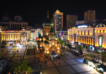 Harbin, CHINA-MAY 02, 2025-Aerial view of Saint Sophia Cathedral in downtown of Harbin, The renowned landmark of Harbin, HeiLongJiang, China.