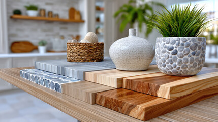 tile and flooring section in home improvement store with ceramic and wooden floor samples, stylish organized interior