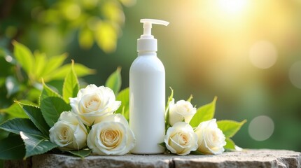 White bottle of cosmetic product surrounded by white roses and green leaves in sunlight