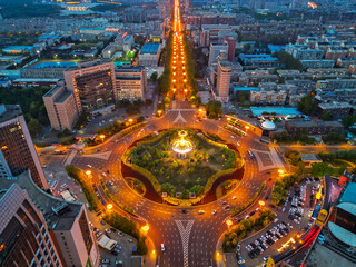CHANGCHUN, CHINA - MAY 12, 2025-Aerial view of traffic circle in the downtown of Changchun city, Jilin province, China