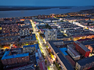 FUYUAN, CHINA - MAY 14, 2025-Aerial cityscape of downtown of Fuyuan city is the most eastern point of China, border crossing between China and Russia.
