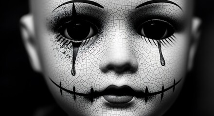 Creepy doll face with cracked skin and stitches on mouth