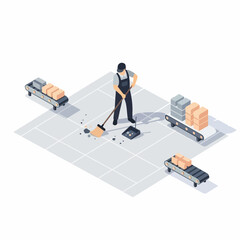 Isometric Illustration Worker Sweeping Debris Around Conveyor Belt and Packages