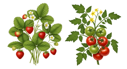 Ripe red strawberries and green and red tomatoes, on leafy branches, cutout, PNG isolated on white or transparent background
