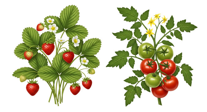 Ripe red strawberries and green and red tomatoes, on leafy branches, cutout, PNG isolated on white or transparent background