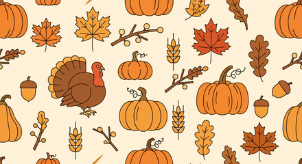 Cute Thanksgiving seamless pattern with illustrated turkey, pumpkins, and autumn foliage