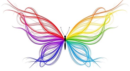 A colorful abstract butterfly illustration with flowing lines on a white background.