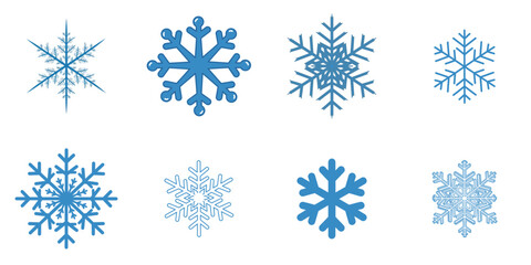 Collection of eight different blue snowflake icons and crystal symbols isolated on a white background.