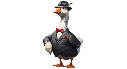 A sophisticated goose dressed in a suit and hat stands proudly.