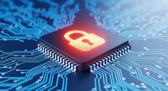 Cyber security concept showing a red padlock on a computer chip, representing data protection, encryption, and digital safety in the modern world