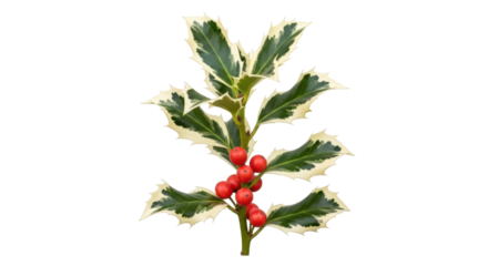 Isolated sprig of variegated holly with bright red berries for the Christmas holiday season