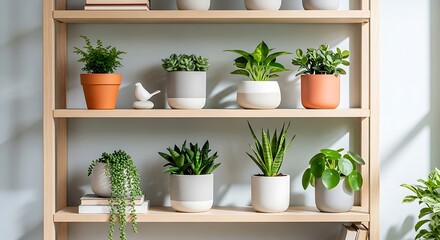 A wooden shelf displays an assortment of potted plants in various containers.