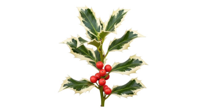 Isolated sprig of variegated holly with bright red berries for the Christmas holiday season