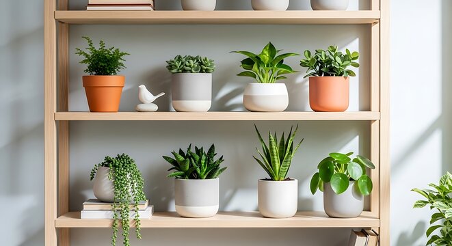 A wooden shelf displays an assortment of potted plants in various containers.