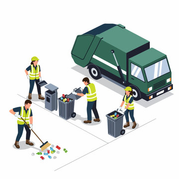 Isometric Detailed Garbage Collection Process with Truck and Workers Illustration
