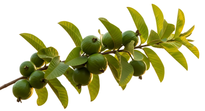 Fresh green guava fruits, on a branch with leaves, cutout, PNG isolated on white or transparent background - Powered by Adobe