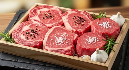 A wooden tray holds raw cuts of beef steak with seasonings and garlic cloves.
