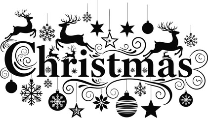 Elegant black and white christmas typography with reindeer and ornaments © Mother Of Mahofuj