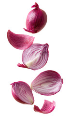 Sliced red onion segments,  levitating in air, vibrant color