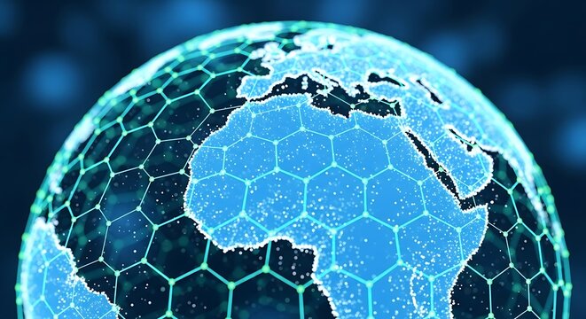 Digital earth globe with hexagonal grid, representing global connectivity, technology, and communication in a futuristic world network