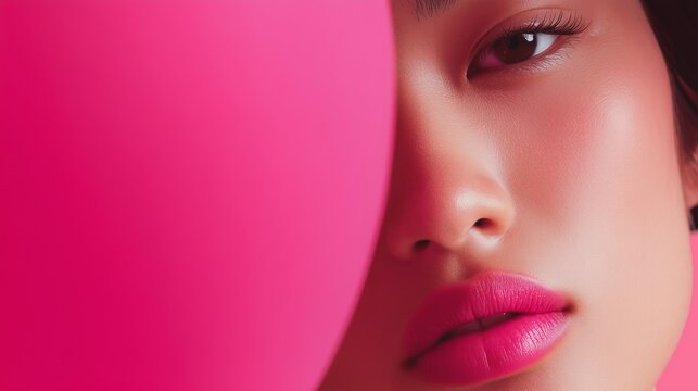 Close-up view of woman with bold pink lips beside bright pink balloon during a creative shoot