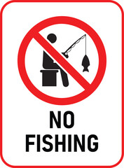 Fototapeta premium A clear red and white prohibition sign indicating no fishing is allowed with a silhouette of a person fishing and a fish caught on the line