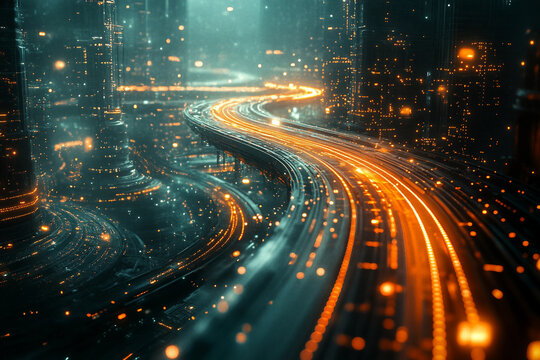 Futuristic cyberpunk city illuminated by neon lights with high tech architecture digital energy flow, Generative AI