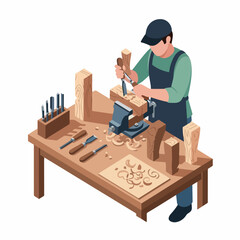 Isometric Man Carving Wood at Workbench in Workshop Illustration
