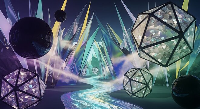 A mystical landscape with a glowing river flowing through a crystal cave, with floating geometric orbs.