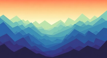 Abstract geometric mountain range with layers of blue and green peaks under a gradient sky.