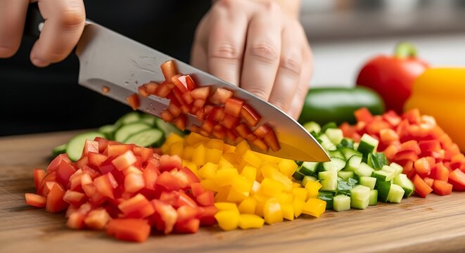 Close up of hands chopping fresh colorful vegetables on a wooden cutting board