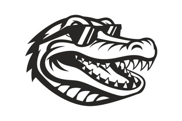 A cool black and white alligator head sports trendy sunglasses with an open mouth
