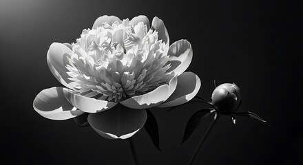 A blooming peony flower is captured in black and white.