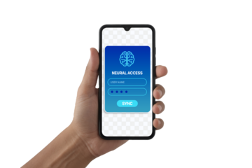 Smartphone mockup hand holding device Neural login screen PNG high resolution Futuristic UI UX access system App interface concept isolated