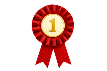 Bold red winner rosette with gold number one medallion and twin ribbons, first place award badge isolated on white background