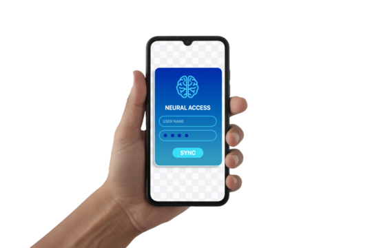Smartphone mockup hand holding device Neural login screen PNG high resolution Futuristic UI UX access system App interface concept isolated