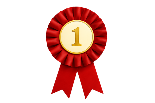 Bold red winner rosette with gold number one medallion and twin ribbons, first place award badge isolated on white background