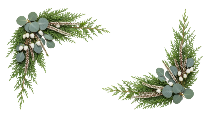 Isolated festive sprigs of greenery with eucalyptus leaves and small flowers, holiday decoration